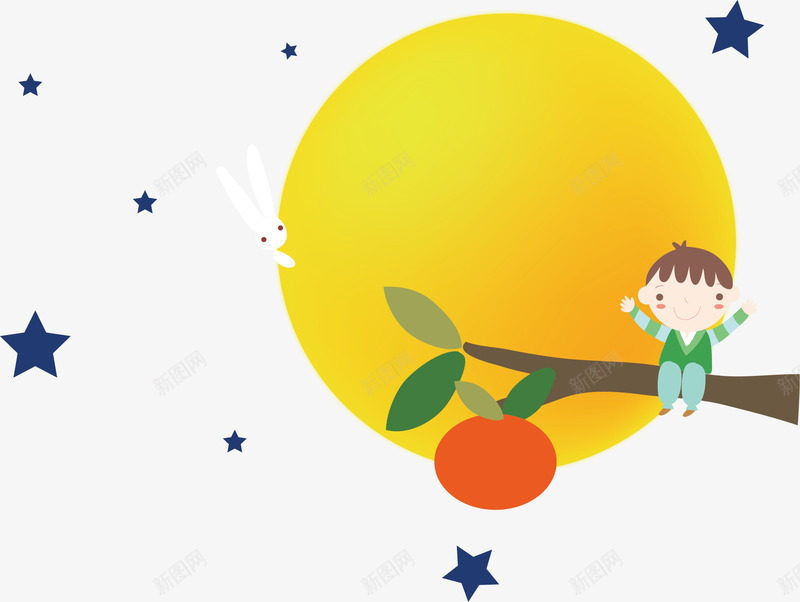 中秋月亮png免抠素材_新图网 https://ixintu.com 中秋 创意 孩子 手绘 星星 月亮 树枝