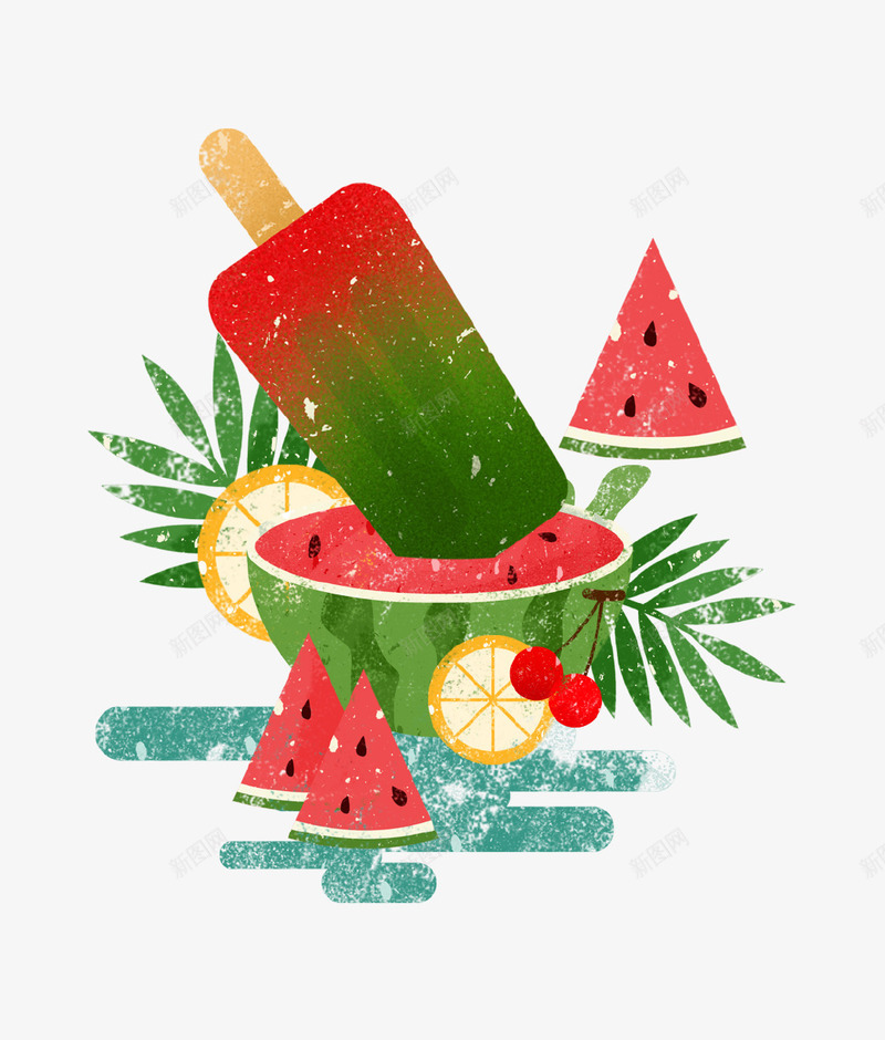 手绘清凉冰棍西瓜插画psd免抠素材_新图网 https://ixintu.com 冰棍 夏季 手绘 插画 树叶 水果 清新 西瓜