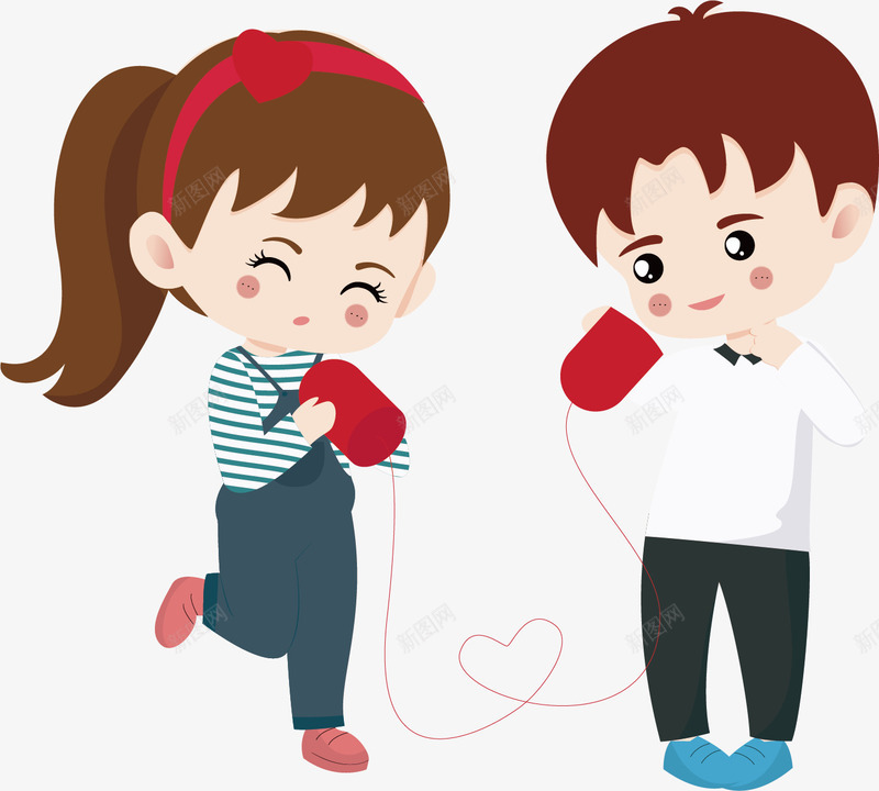 小男孩小女孩矢量图ai免抠素材_新图网 https://ixintu.com 传话筒 小女孩 小男孩 简易电话 红丝线 矢量图