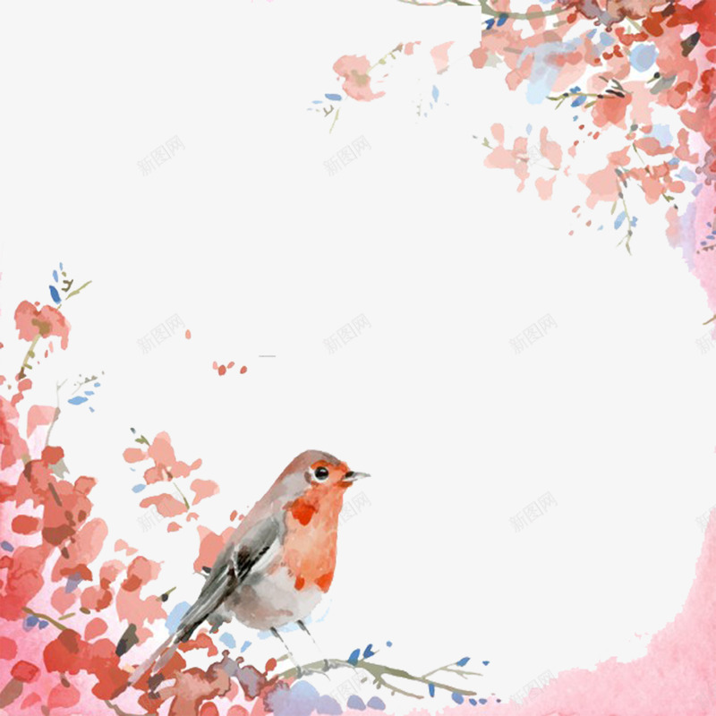 水彩停在花枝上的小鸟png免抠素材_新图网 https://ixintu.com 停 小鸟 水彩 粉色 花 花枝 鸟