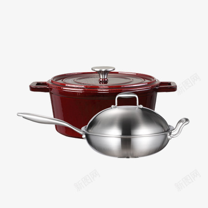 锅具组合png免抠素材_新图网 https://ixintu.com 不锈钢材质 产品实物 厨房用具 红色锅 锅子