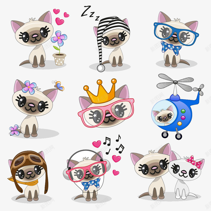 卡通小猫合集png免抠素材_新图网 https://ixintu.com 卡通 可爱 合集 听音乐的猫 坐飞机的猫 大眼睛 小猫 戴眼镜的猫 手绘 爱情 睡觉的猫 花儿 花卉 野花
