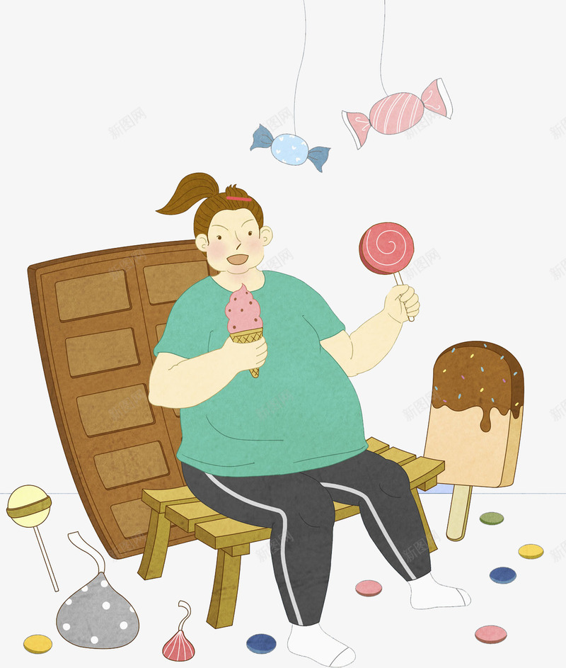 手绘吃冰淇淋的胖女孩png免抠素材_新图网 https://ixintu.com 冰淇淋 创意 多彩 手绘 简笔 糖果 雪糕