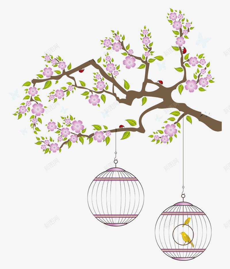 紫色花枝png免抠素材_新图网 https://ixintu.com 小鸟 花枝 装饰 鸟笼