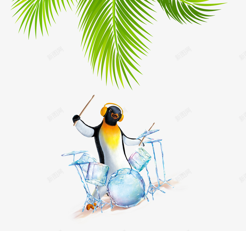 夏日冰爽元素psd免抠素材_新图网 https://ixintu.com 企鹅 冰爽 夏日元素 打鼓的企鹅 椰子树枝 清新