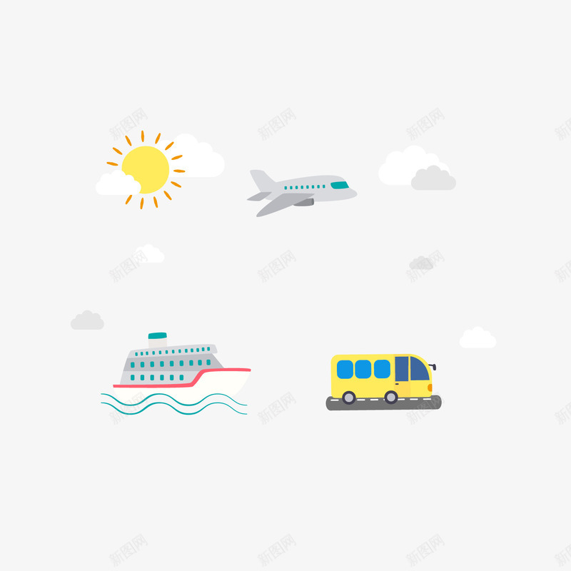 旅行元素背景png免抠素材_新图网 https://ixintu.com 交通工具 旅行元素 汽车 轮船 飞机
