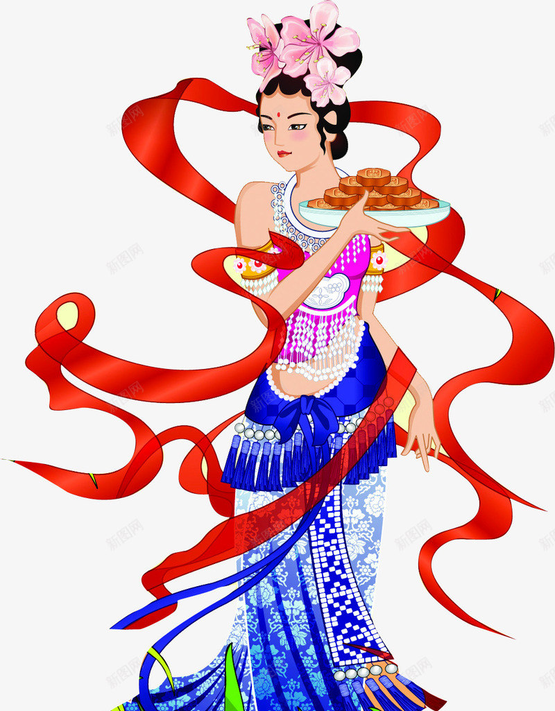 中秋节手绘红丝带美女png免抠素材_新图网 https://ixintu.com 丝带 中秋节 美女
