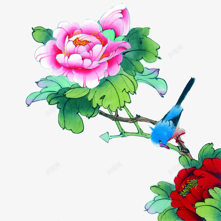 水墨画大红花蓝色小鸟png免抠素材_新图网 https://ixintu.com 大红花 小鸟 水墨画 蓝色