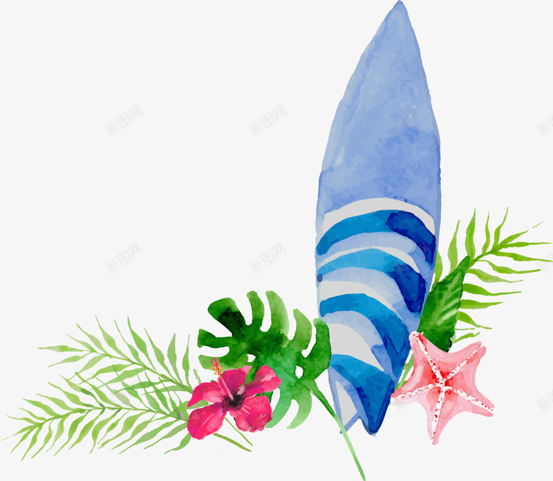 夏季手绘冲浪板装饰png免抠素材_新图网 https://ixintu.com 冲浪板装饰 划桨板 叶子 夏季冲浪板 手绘冲浪板 水彩 海星