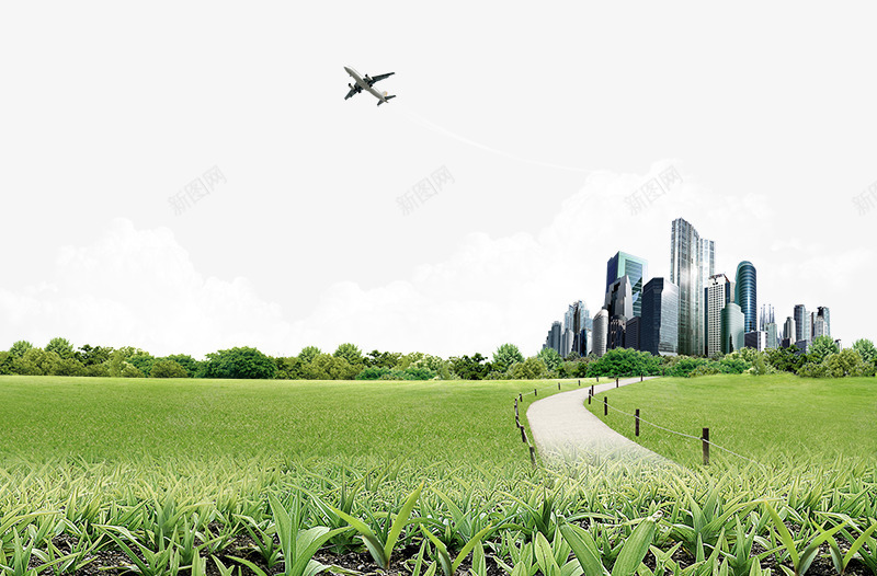 地产郊外风景png免抠素材_新图网 https://ixintu.com 商业元素 地产郊外风景 房子 楼盘 绿色草坪 草地 飞机