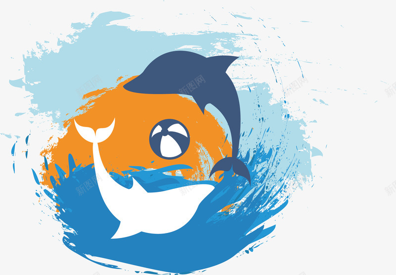 海豚玩耍矢量图ai免抠素材_新图网 https://ixintu.com 可爱 手绘 海豚 涂鸦 玩具 球球 背景 蓝色 矢量图