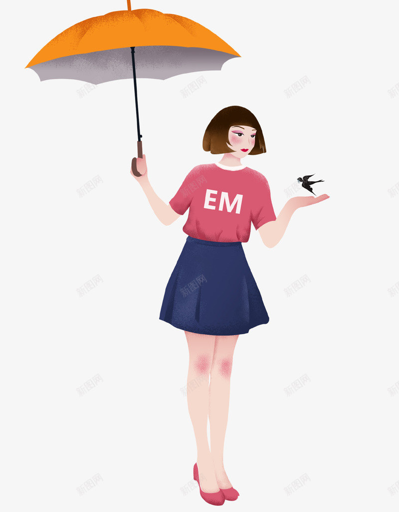 手绘打伞的少女插画psd免抠素材_新图网 https://ixintu.com 夏季 小燕子 少女 手绘 打伞 插画 美丽 裙子