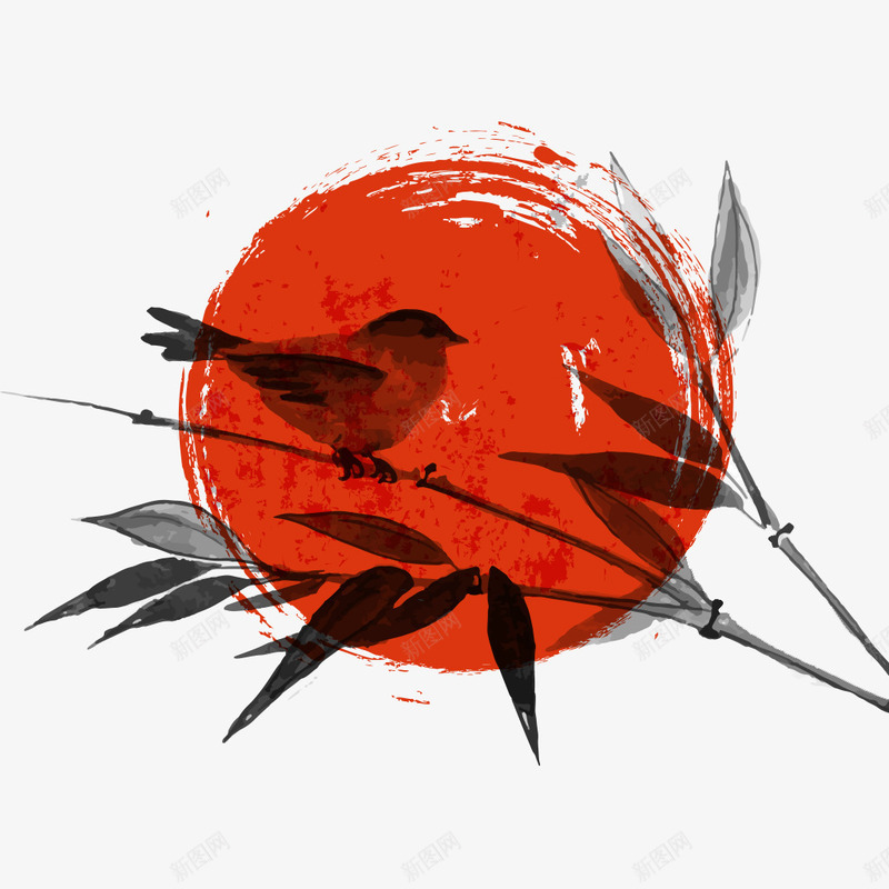 竹叶上的小鸟png免抠素材_新图网 https://ixintu.com PNG素材 圆形 小鸟 手绘 竹叶 红色