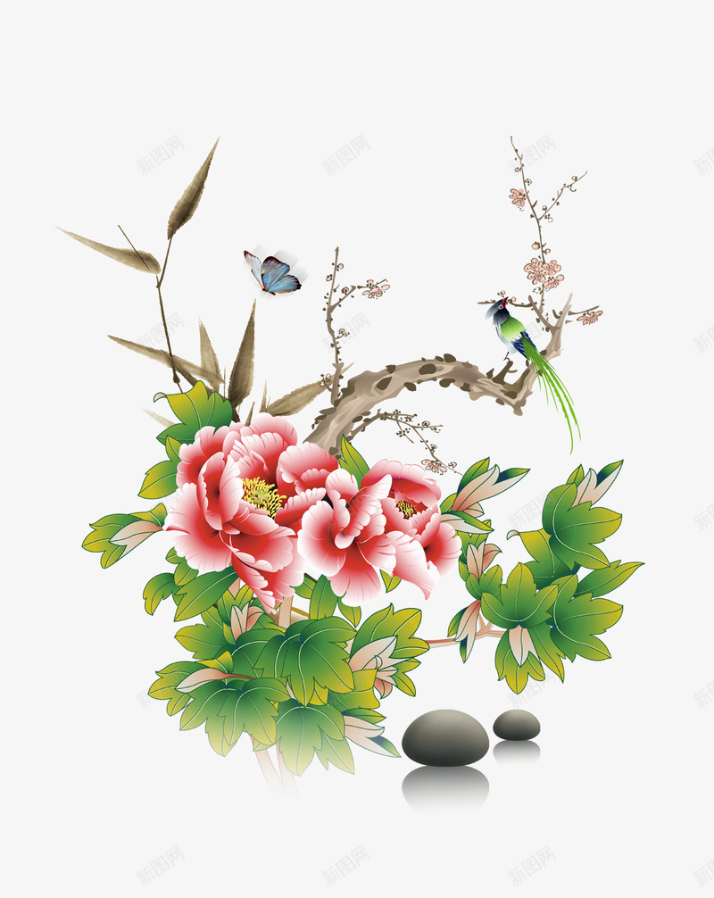 水墨画psd免抠素材_新图网 https://ixintu.com 小鸟 彩色 水墨画 海报装饰 花朵 蝴蝶