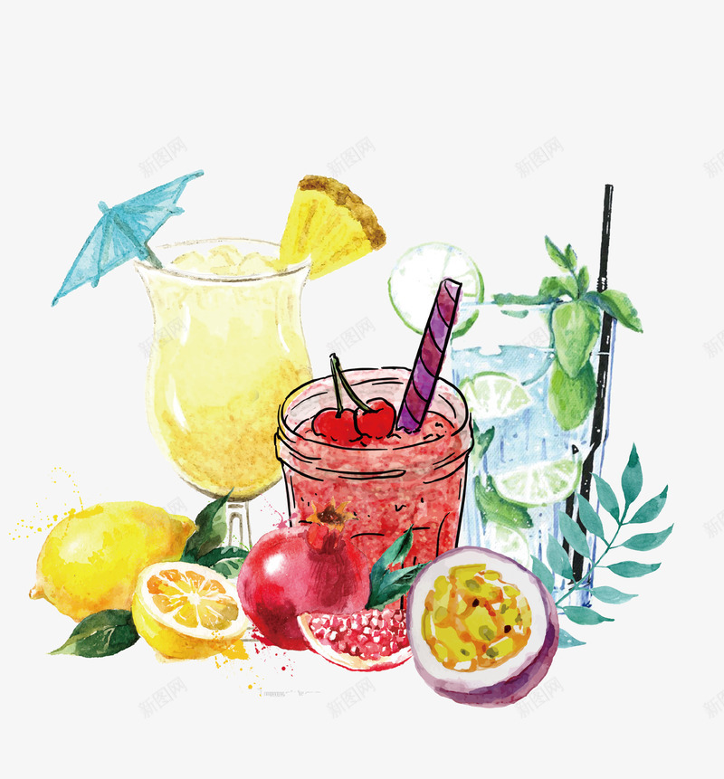 清新手绘夏季冷饮果汁插画psd免抠素材_新图网 https://ixintu.com 冷饮 夏季 手绘 插画 树叶 橙子 水果 清新 芒果