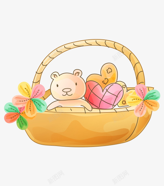 卡通手绘篮子里的玩具png免抠素材_新图网 https://ixintu.com 卡通篮子 卡通篮子里的玩具 卡通花篮 小熊玩具 手绘小熊 手绘玩具