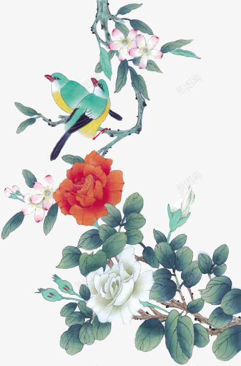 鲜花小鸟片png免抠素材_新图网 https://ixintu.com 小鸟 树枝 水墨画 水墨风景 花枝 鲜花