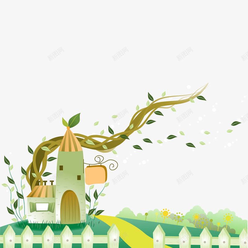 可爱卡通场景png免抠素材_新图网 https://ixintu.com 卡通画 围栏 房子 树叶 树枝