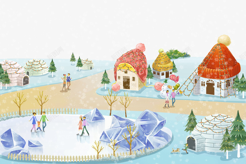 温馨的家园psd免抠素材_新图网 https://ixintu.com 下雪 休闲广场 冬季 冬雪 家园 居住的人们 房屋