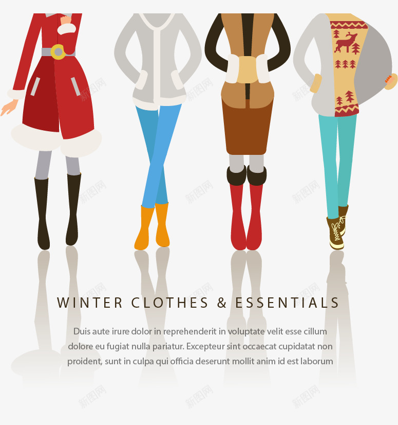 女性冬季服装矢量图ai免抠素材_新图网 https://ixintu.com 免扣png素材 免费png素材 冬季衣服 卡通模特 红色外套 红色长靴 矢量图
