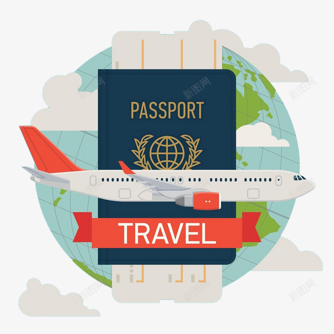 旅行海报图案元素png免抠素材_新图网 https://ixintu.com 地球 护照 旅行 旅行海报 飞机