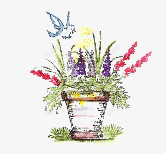 卡通花盆png免抠素材_新图网 https://ixintu.com 卡通 小鸟 手绘 插画 植物 水彩 盆栽 花盆