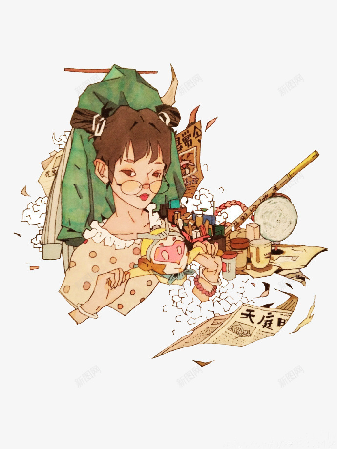 玩玩偶的女孩png免抠素材_新图网 https://ixintu.com 卡通女孩 孙悟空 玩偶 玩具
