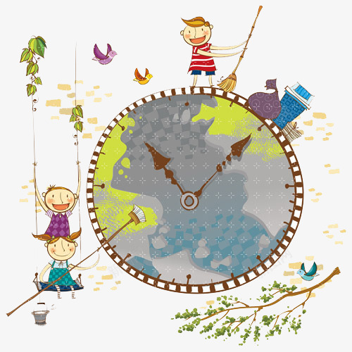 手绘时钟插画png免抠素材_新图网 https://ixintu.com 卡通 孩子 小鸟 扫把 抽象 秋千