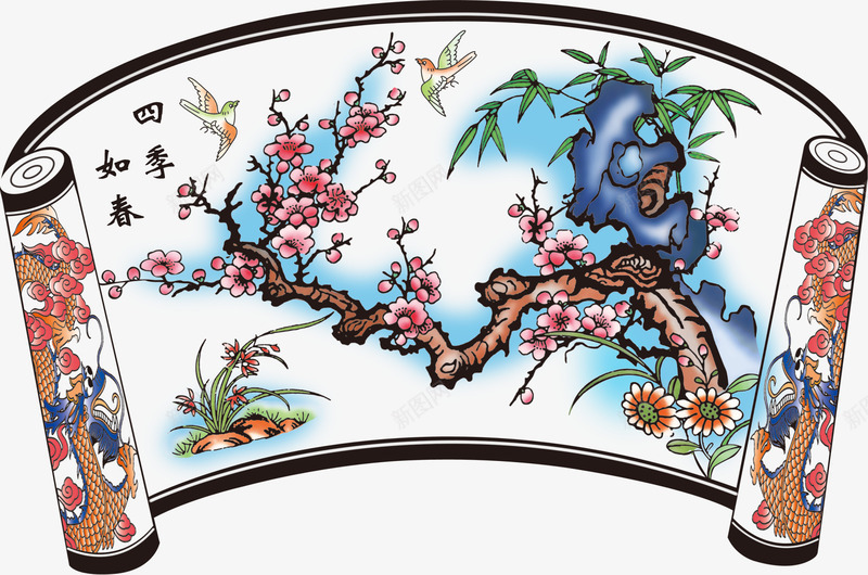 中国风画png免抠素材_新图网 https://ixintu.com 中国风 四季如春 小鸟 桃花 画 花草