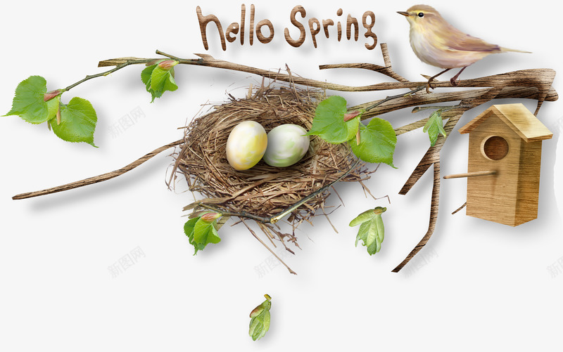 小鸟鸟窝枝叶png免抠素材_新图网 https://ixintu.com hello spring 小鸟 枝叶 艺术字 英文字母 鸟窝 鸟蛋