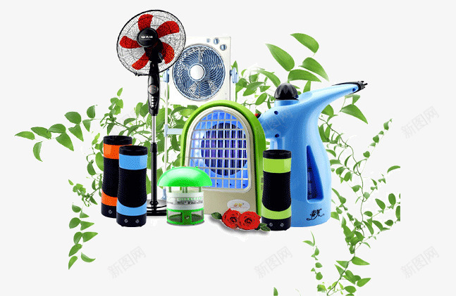 绿色数码家电组合png免抠素材_新图网 https://ixintu.com 产品实物 电器 绿色 蒸脸仪 风扇