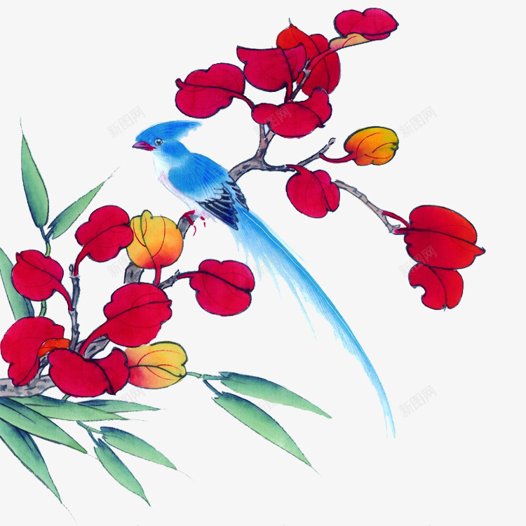 水墨画树枝红色叶子蓝色小鸟png免抠素材_新图网 https://ixintu.com 叶子 小鸟 树枝 水墨画 红色 蓝色