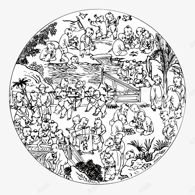 古代儿童绘画png免抠素材_新图网 https://ixintu.com 卡通 古代 娃娃 手绘 白色 简笔 线条 绘画 黑色