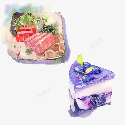 食物手绘组合图psd免抠素材_新图网 https://ixintu.com 水彩图 肉食 蛋糕 食物