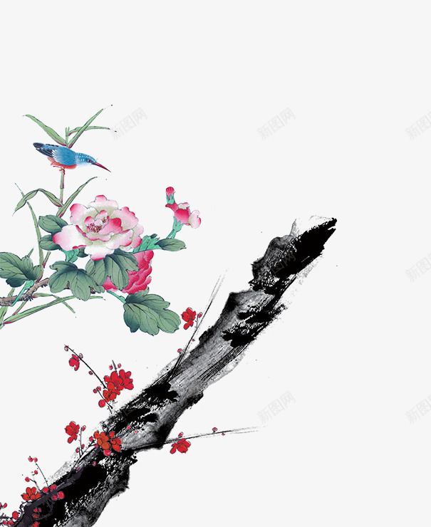 国画花鸟png免抠素材_新图网 https://ixintu.com 中国风 国画 小鸟 树干 花卉