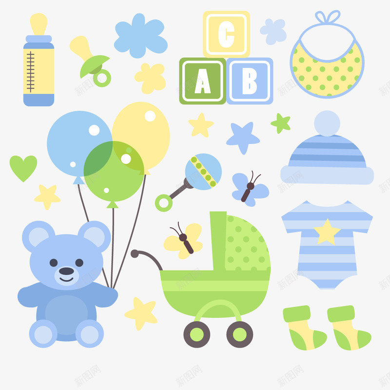 婴儿用品png免抠素材_新图网 https://ixintu.com 宝宝车 推车 玩具熊 蝴蝶