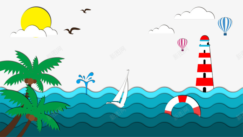 手绘清新夏季大海插画psd免抠素材_新图网 https://ixintu.com 夏季 大海 太阳 手绘 插画 旅行 椰树 清新 游泳