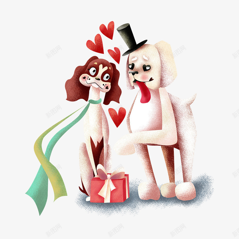 情人节与风格特别的宠物插画png免抠素材_新图网 https://ixintu.com 丝巾 宠物 恋爱 爱心 狗 甜蜜 礼帽 礼物 红色