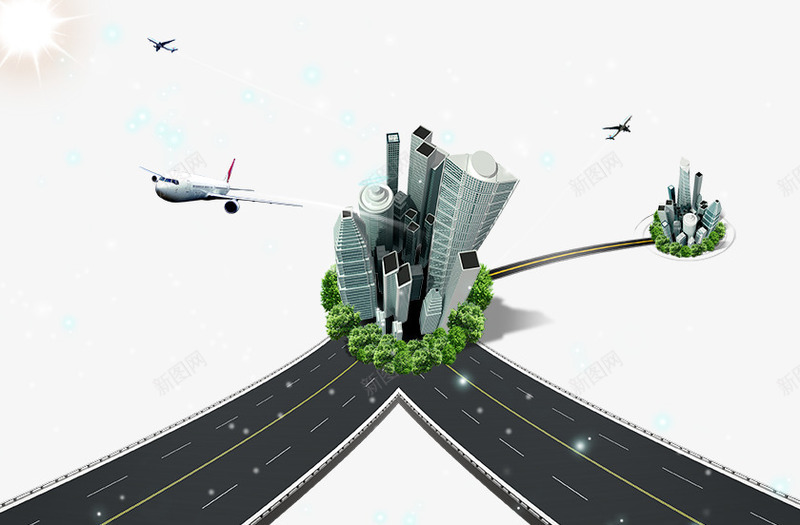 创意全球商务png免抠素材_新图网 https://ixintu.com 云海 创意 商务 路 道路 飞机 高楼大厦