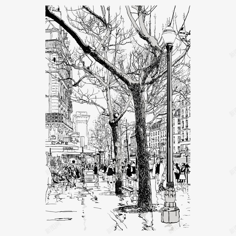 冬季城市街道插画png免抠素材_新图网 https://ixintu.com 冬季 城市 建筑 手绘 手绘街 树木 楼房 水彩路灯 素描 素描街景 线稿 行人 街道 路灯 风光 风景