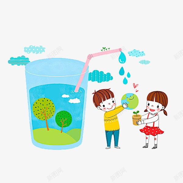 两个小孩png免抠素材_新图网 https://ixintu.com 卡通 地球 小孩 小草 小草叮咛 杯子 爱护环境 环保 简笔