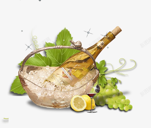 冰镇葡萄酒psd免抠素材_新图网 https://ixintu.com 冰镇啤酒 创意设计 广告 柠檬 海报 葡萄叶 葡萄酒