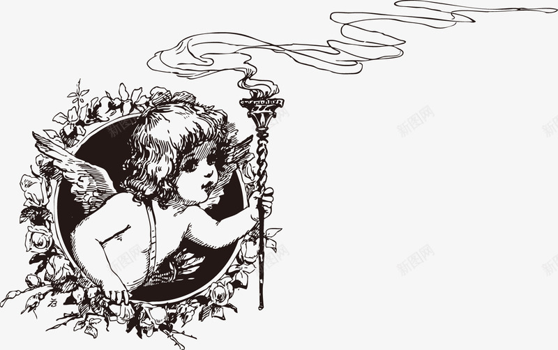 素描天使png免抠素材_新图网 https://ixintu.com 一个 卡通 天使 手绘 白色 素描 翅膀 魔法棒 黑色