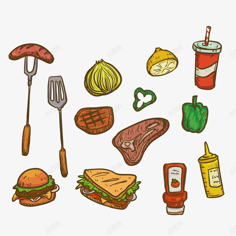 野餐烧烤食物和物品png免抠素材_新图网 https://ixintu.com 卡通 可乐 手绘 汉堡 烤肉 烧烤 美食 蔬菜 食物
