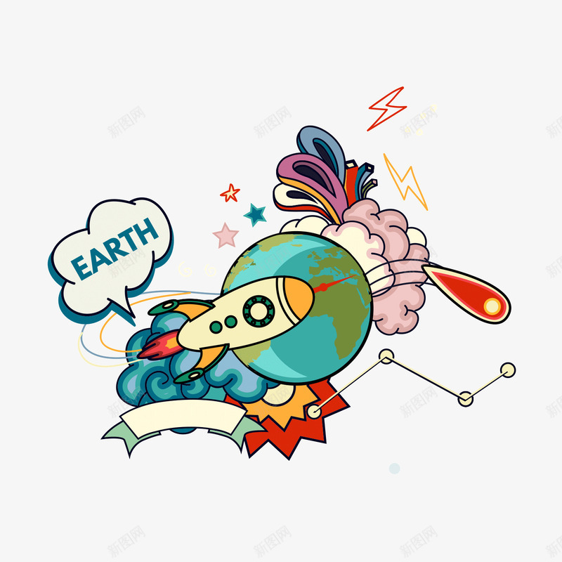 飘带和火箭手绘简图png免抠素材_新图网 https://ixintu.com 卡通 喷火 地球 手绘图 星球 火箭发射 飘带