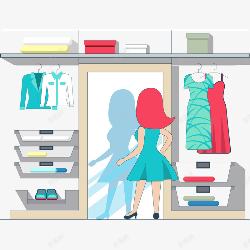 在更衣室试衣服的女性人物png免抠素材_新图网 https://ixintu.com 人物设计 卡通 女性人物 彩色 扁平化 手绘