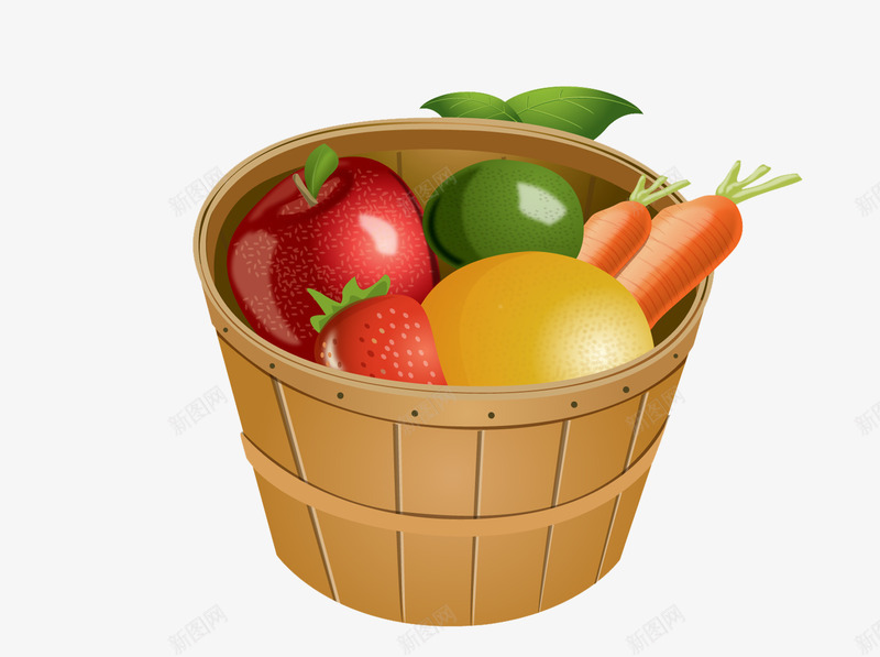黄色竹筐篮子和蔬菜png免抠素材_新图网 https://ixintu.com 水果篮子 竹框 竹筐 竹编框子 胡萝卜 苹果 草莓 黄色竹篓子