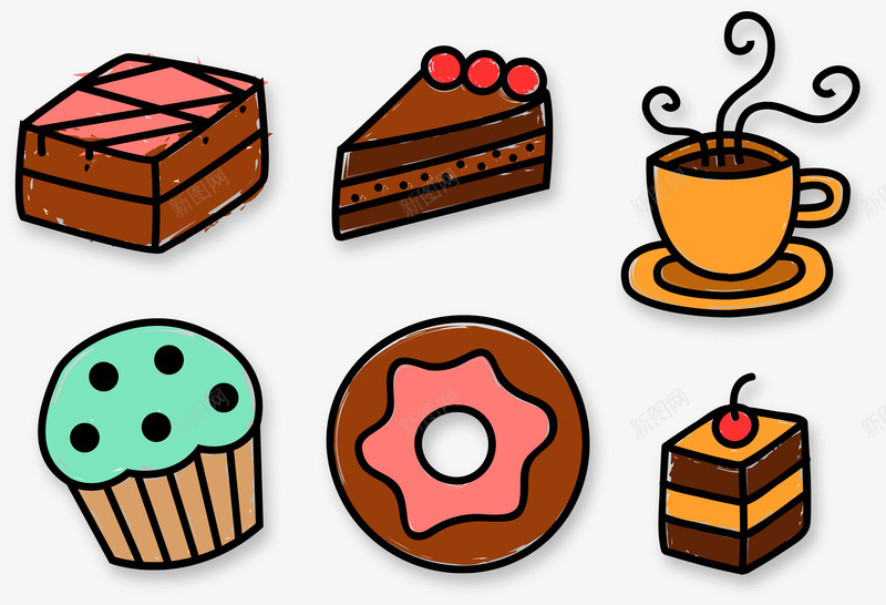 蛋糕食物集合图标png_新图网 https://ixintu.com 咖啡 奶油 巧克力 樱桃 甜甜圈 茶杯 茶盘 面包