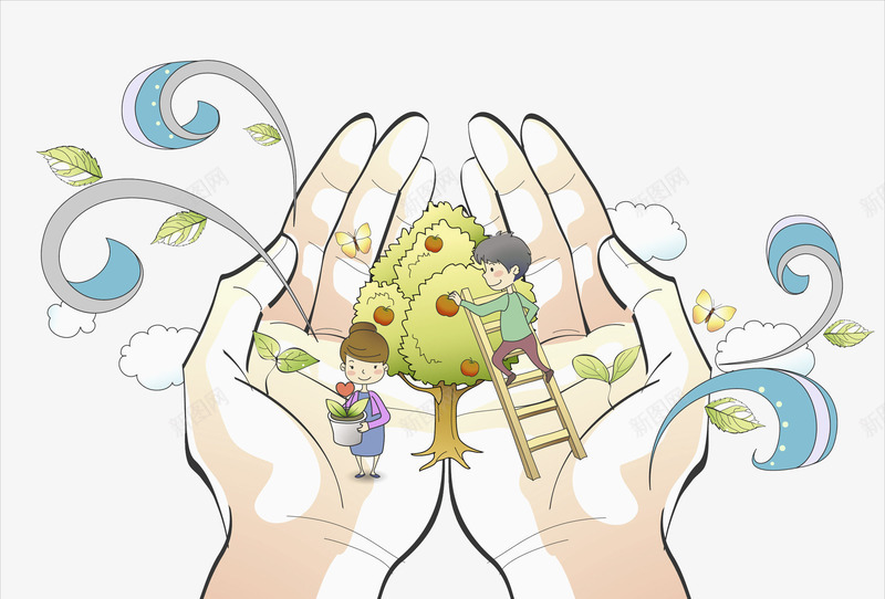 手绘双手捧着植物小孩png免抠素材_新图网 https://ixintu.com 人的手 双手 双手心 小孩 掌心 梯子 苹果树