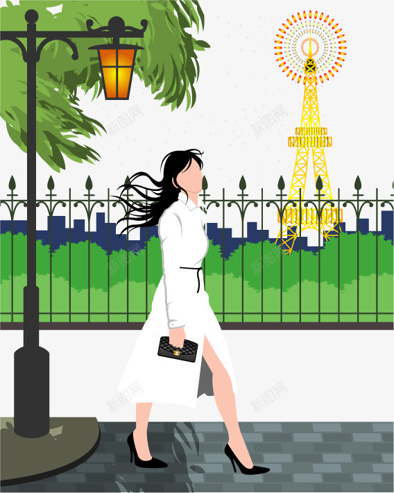 时尚女性插画矢量图ai免抠素材_新图网 https://ixintu.com 城市街景 女性 建筑 时尚 栏杆 灯塔 绿树 路灯 矢量图
